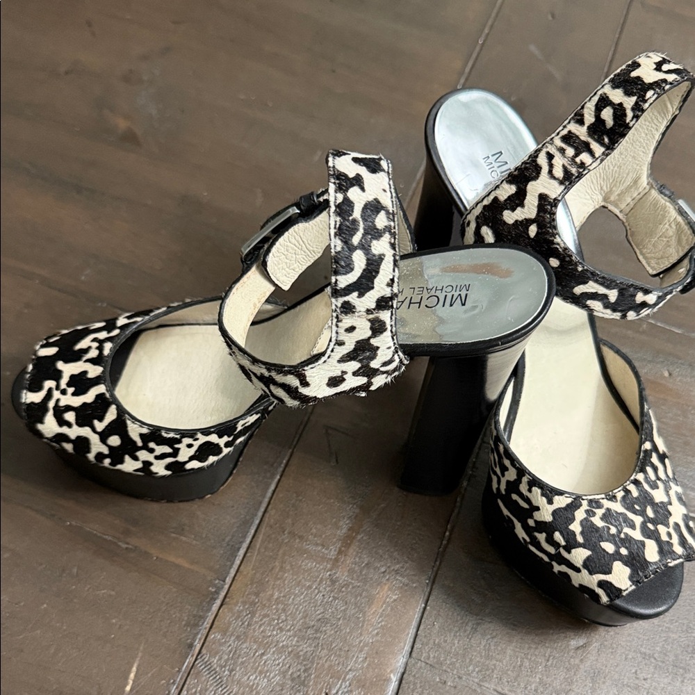 MICHAEL Michael Kors Black/Cream Dyed, real Fur Cow Hair Calf Ankle Strap Heels